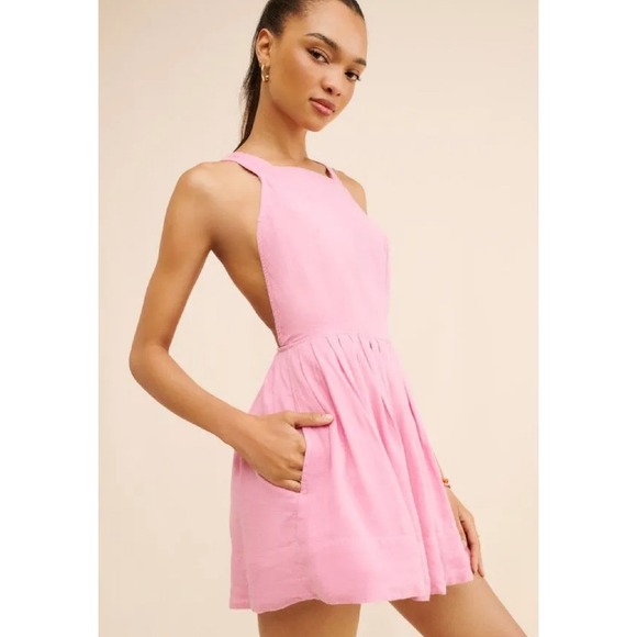 Free People Melted Hearts Mini Overall‎ Dress Linen Blend Size Small Light Pink - Picture 1 of 6